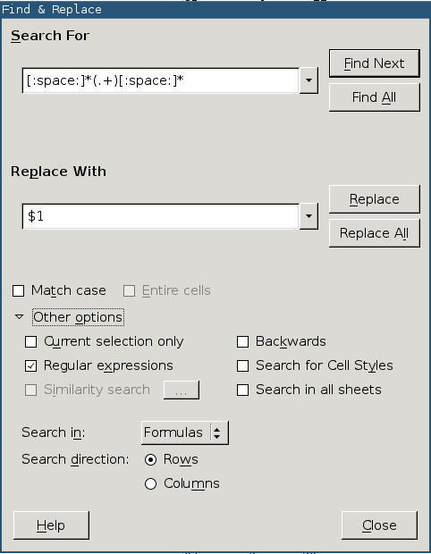 The Search &amp; Replace screen of LibreOffice.