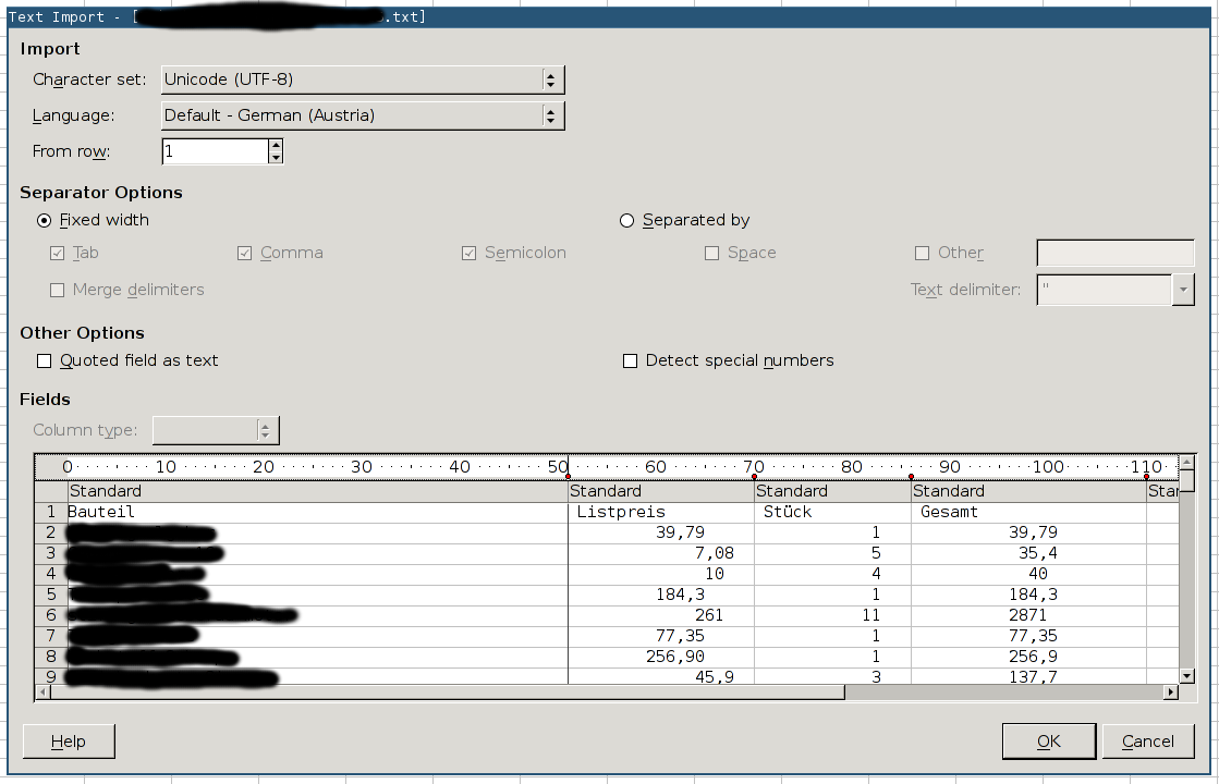 The import screen of LibreOffice.