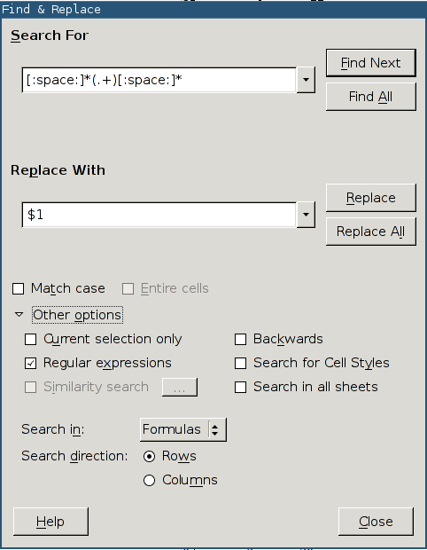 The Search & Repace screen of LibreOffice.